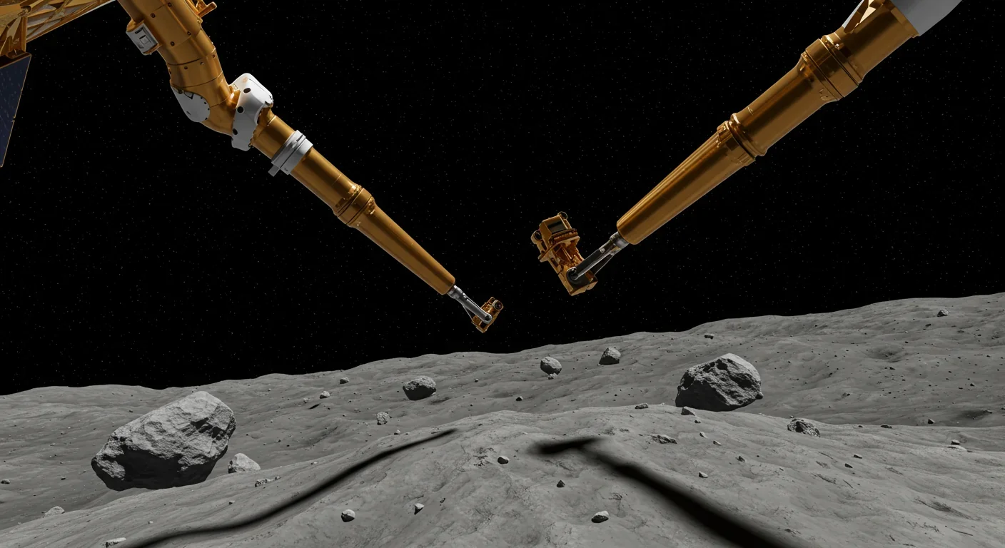 Spacecraft robotic arm collecting samples from asteroid surface