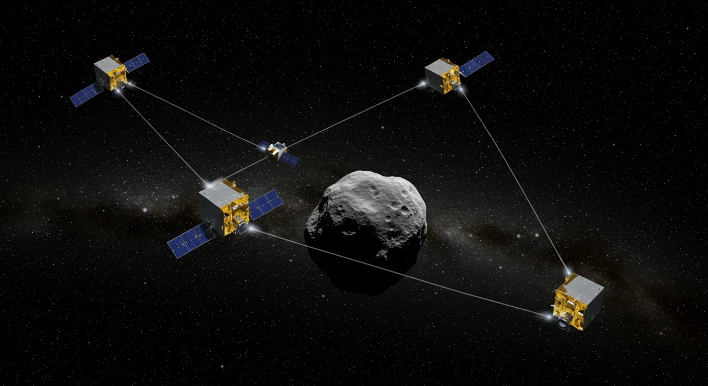 Hera mission spacecraft and CubeSats working together around asteroid