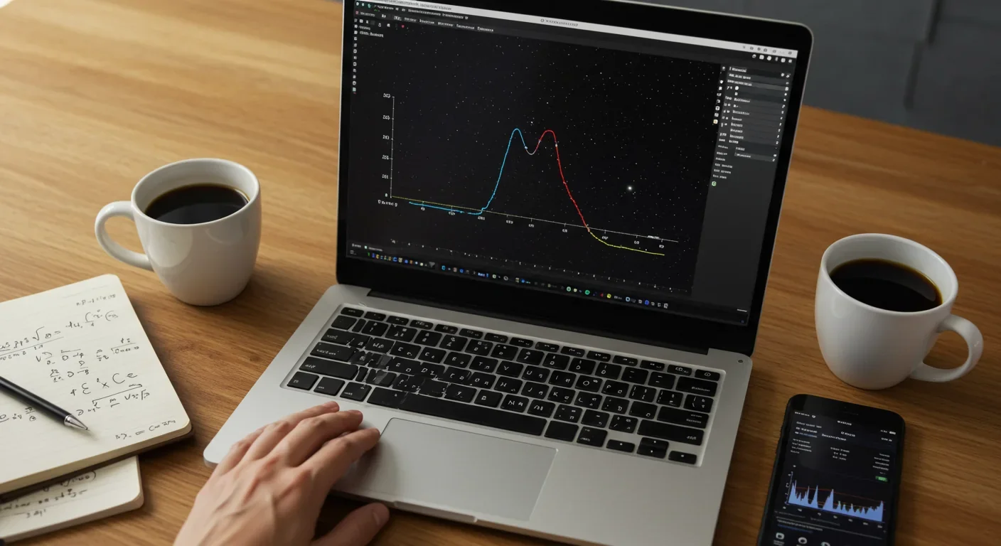 Laptop displaying exoplanet transit light curve with dip indicating planetary passage across star