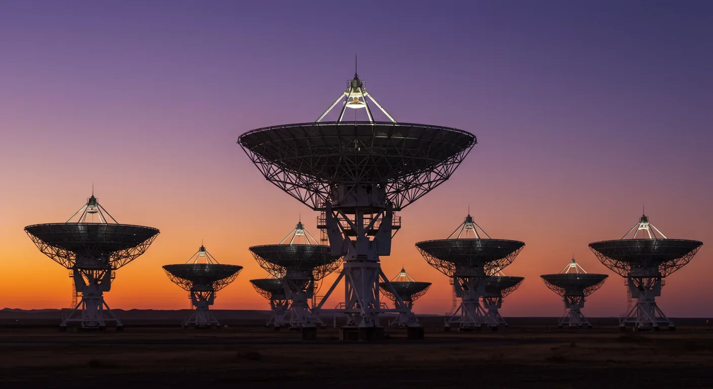 Radio telescope array at an observatory during twilight observations