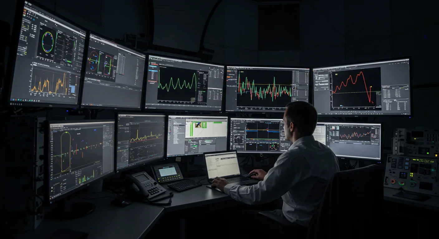 Astronomer analyzing stellar data in an observatory control room at night