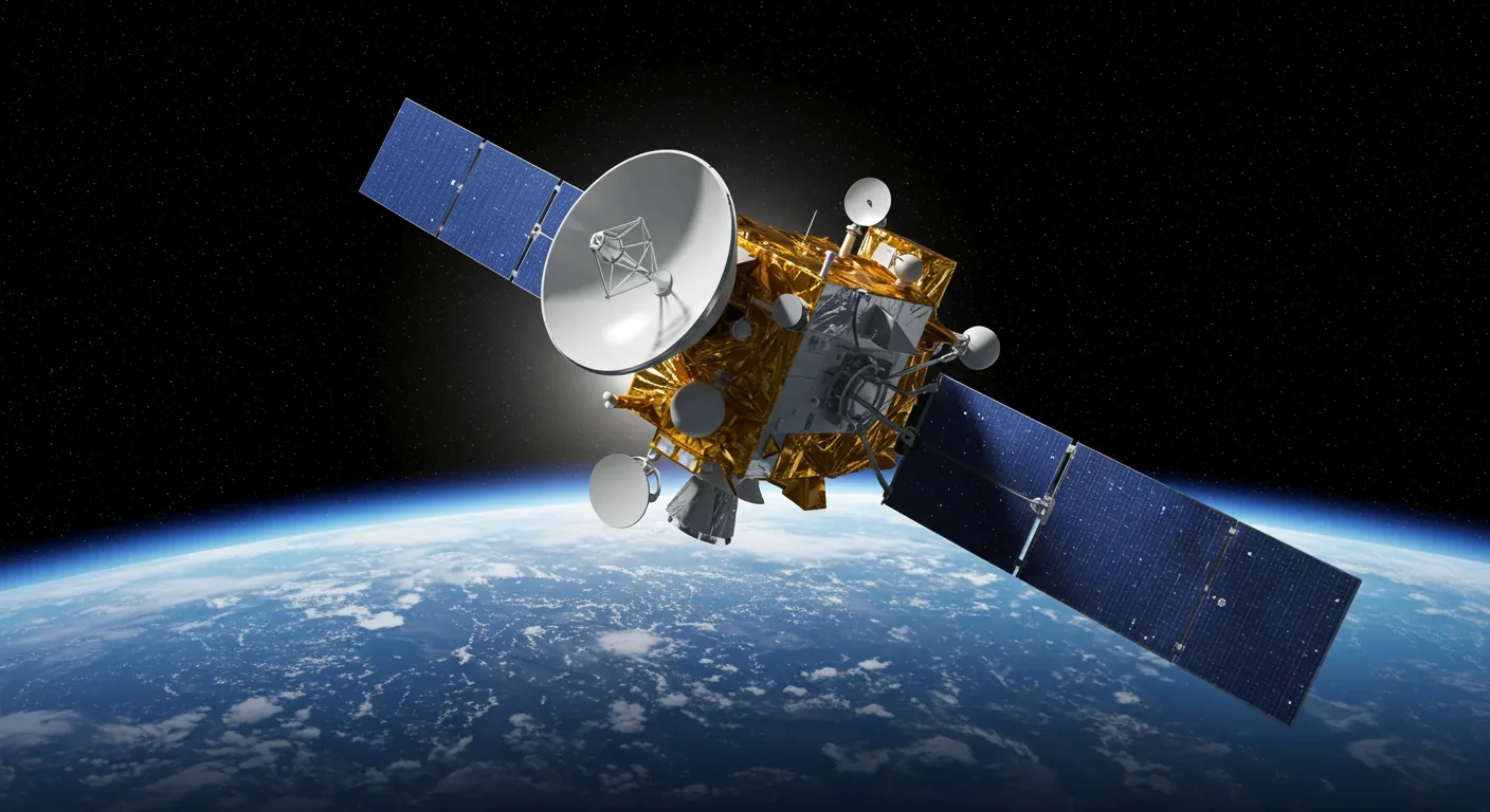 Modern geostationary communication satellite in Earth orbit with solar panels and antennas against space backdrop