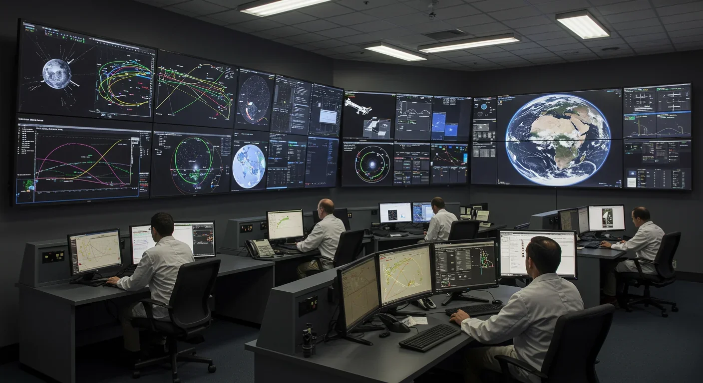 Planetary defense scientists monitoring asteroid Apophis approach in mission control center with orbital trajectory displays