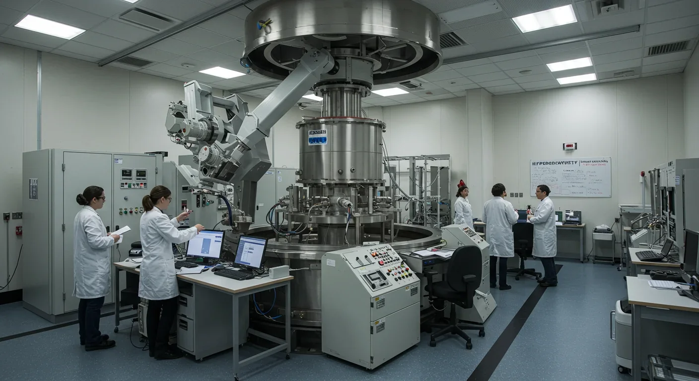 Researchers operating a large centrifuge to study artificial gravity effects in a modern research facility