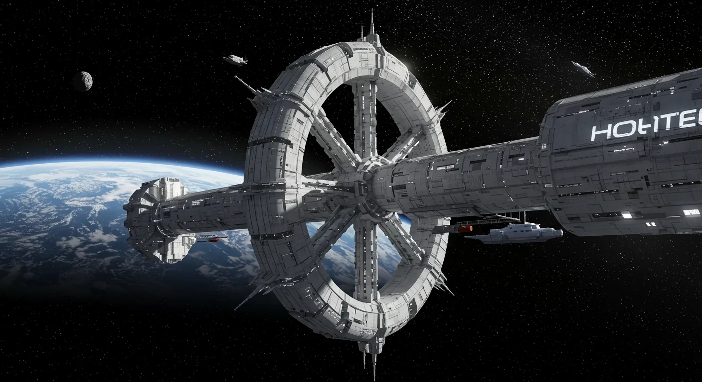 Astronaut walking normally inside a rotating spacecraft habitat with artificial gravity