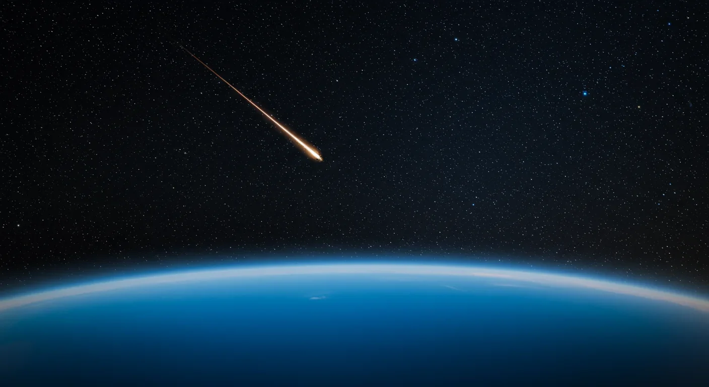 Meteor streaking across night sky above Earth's oceans representing ancient water delivery