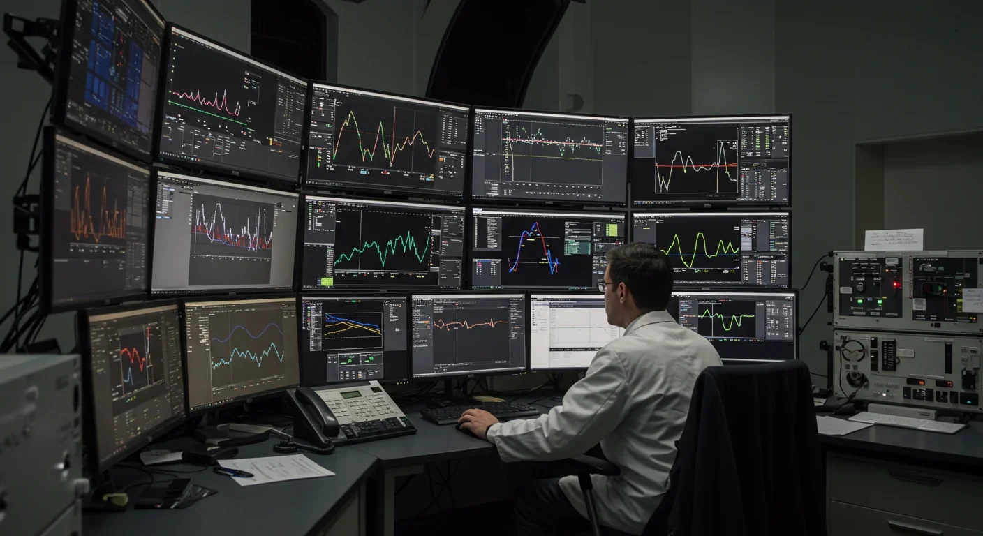 Astronomer analyzing stellar data on multiple computer monitors in observatory control room