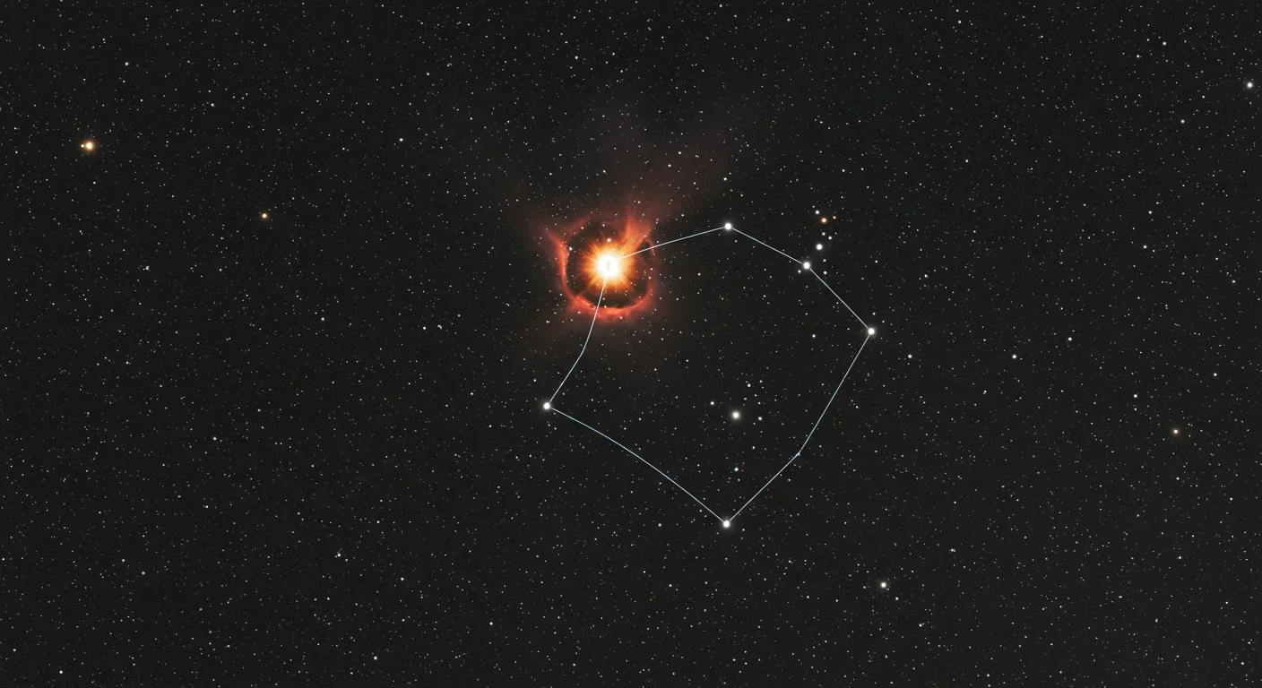 Orion constellation in night sky with Betelgeuse as prominent orange-red star in shoulder position