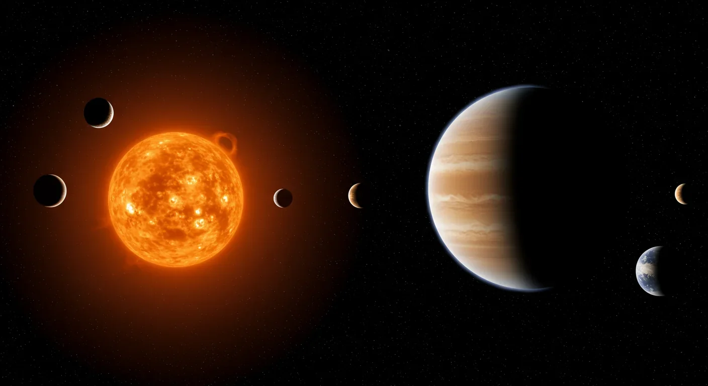 Artist's rendering of exoplanets orbiting K-dwarf star in habitable zone