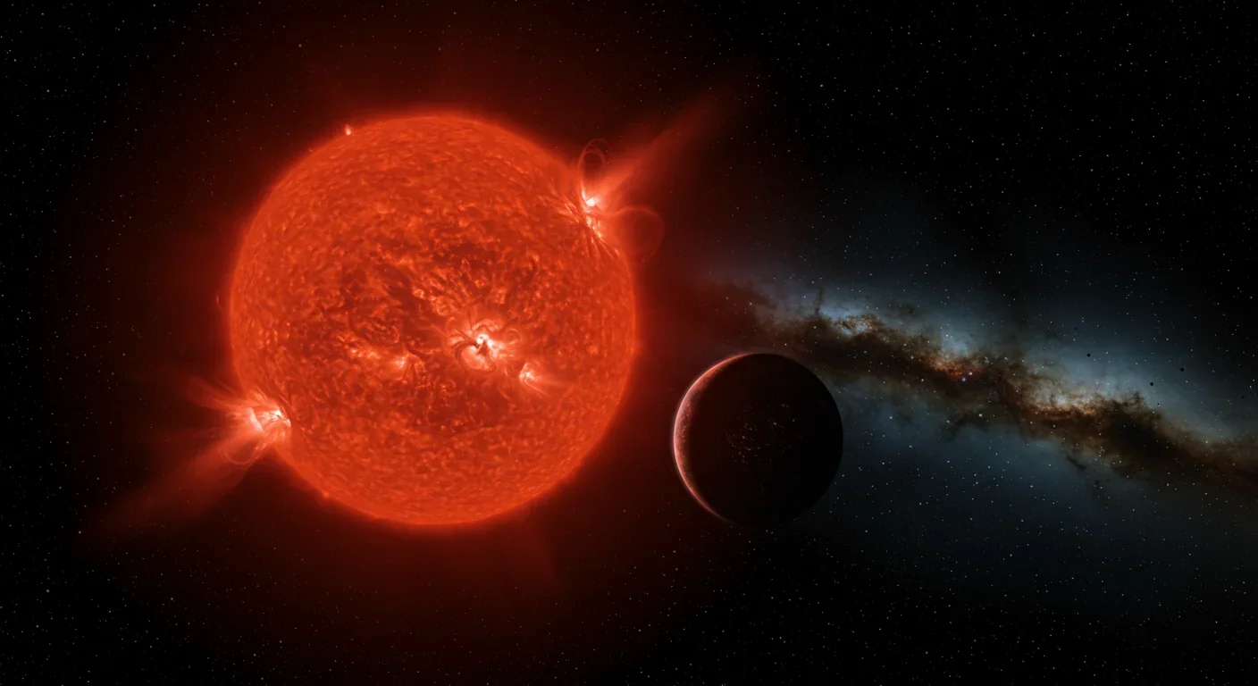 Red M-dwarf star with active flares near orbiting rocky planet