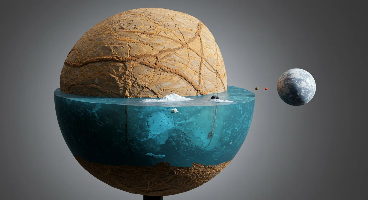 Cross-section showing subsurface ocean beneath ice shell on Europa