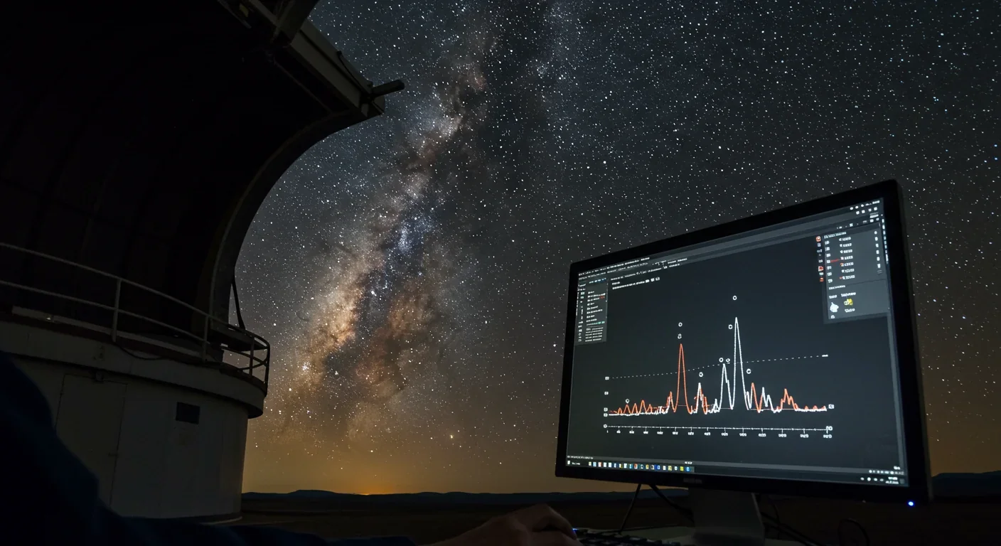 Astronomer analyzing exoplanet transit data on computer screen at observatory with night sky visible through window