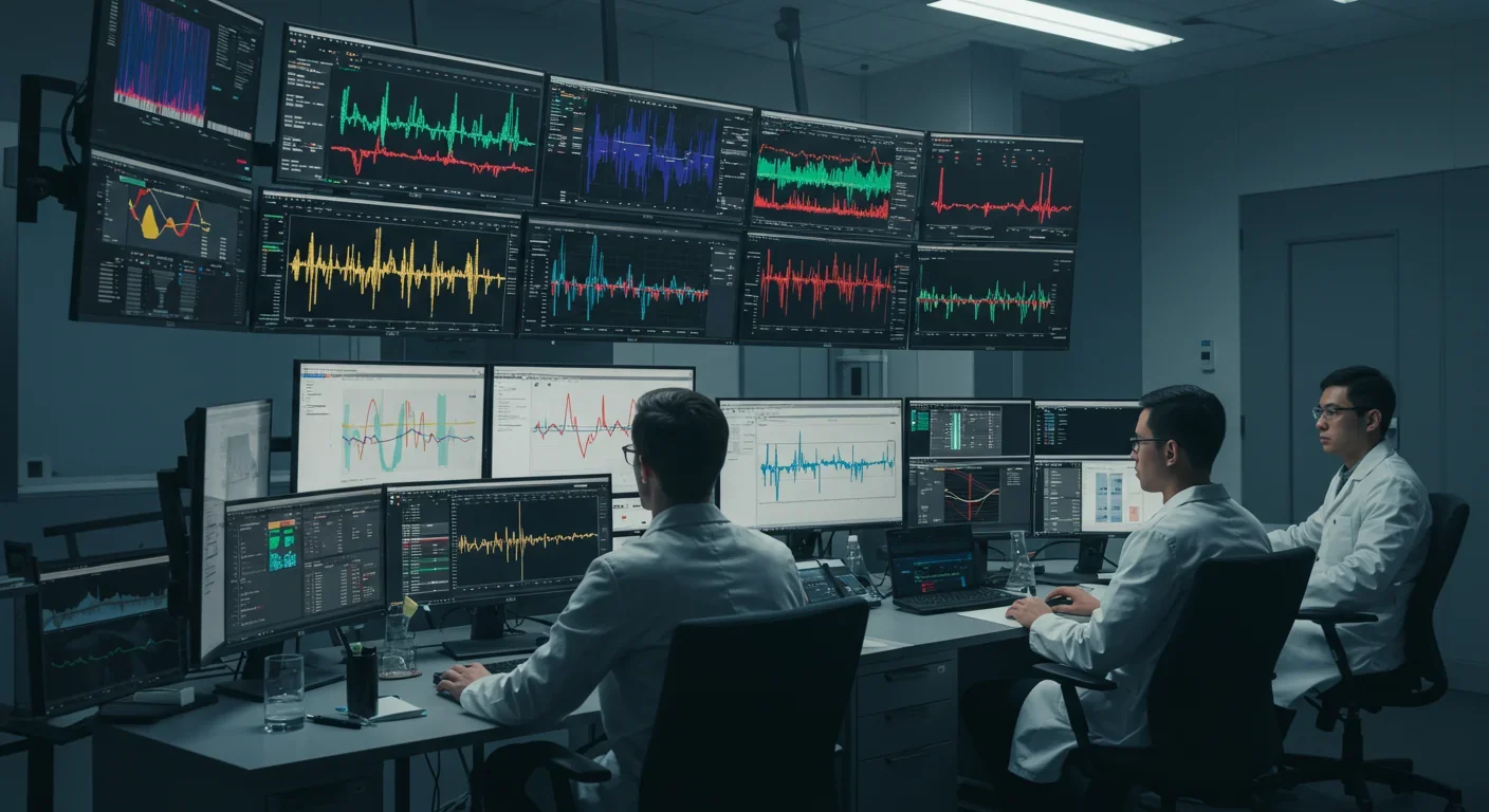 SETI researchers analyzing radio telescope data for alien technosignatures using AI algorithms