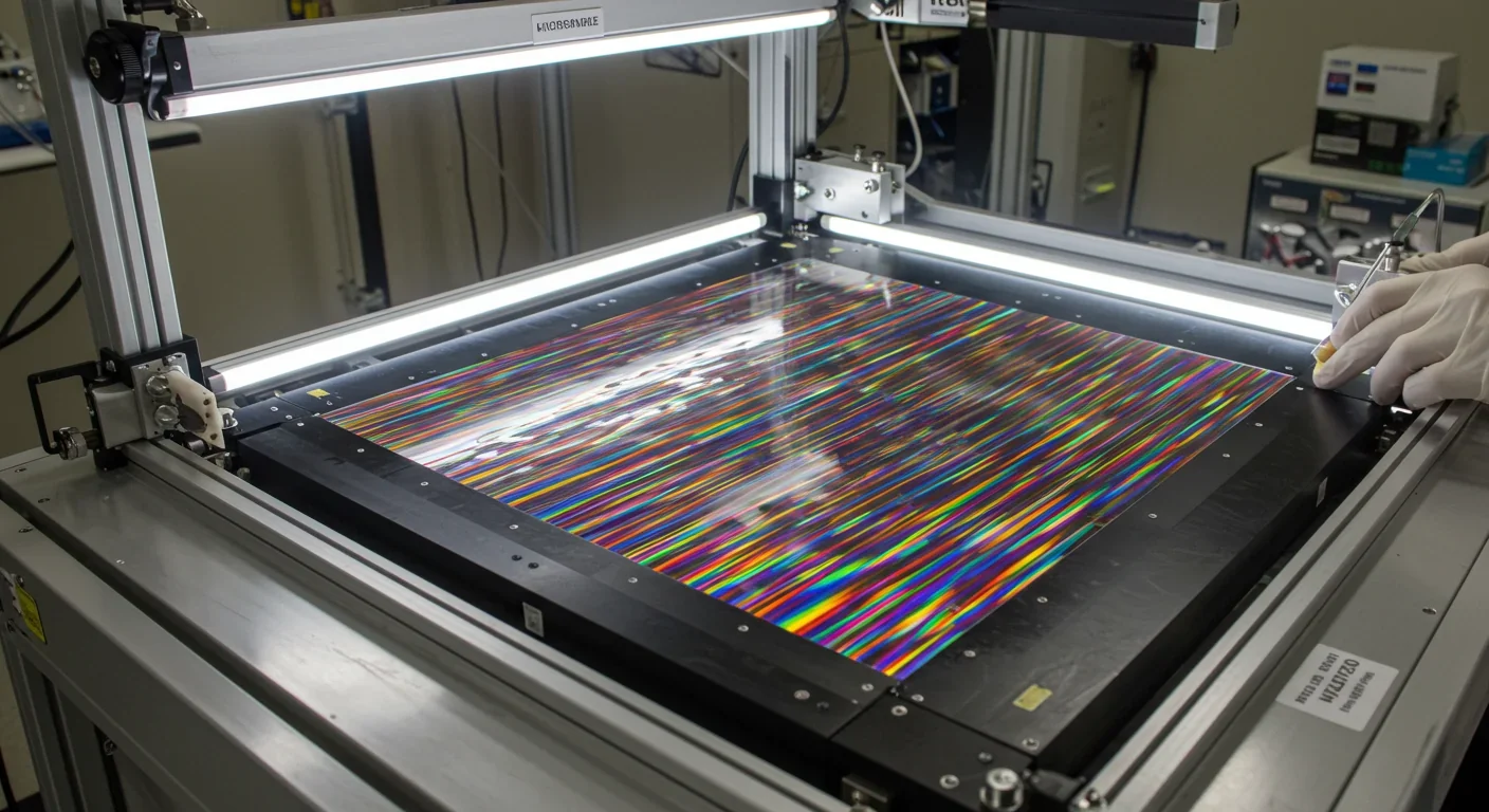 Scientist examining ultra-thin reflective lightsail material in clean room laboratory with testing equipment
