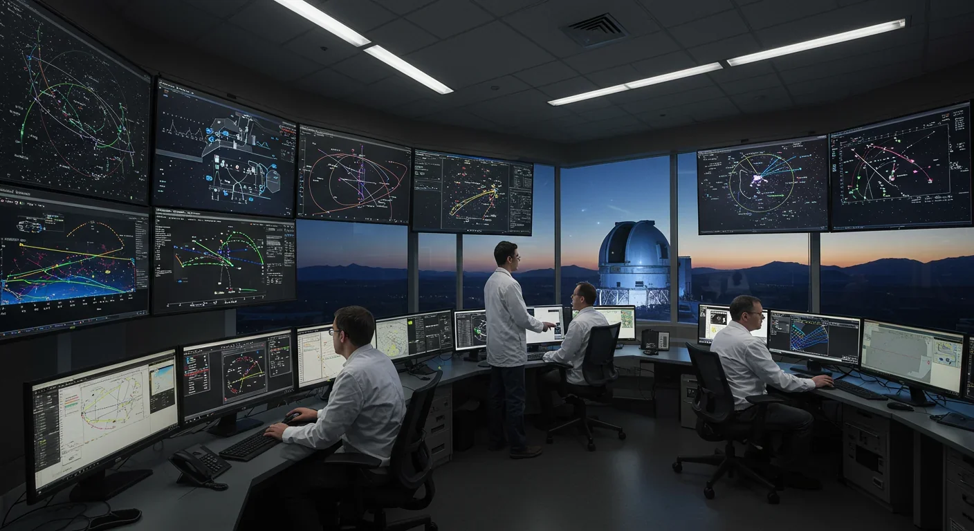 Research team in conference room reviewing declining funding charts and technical milestone timelines
