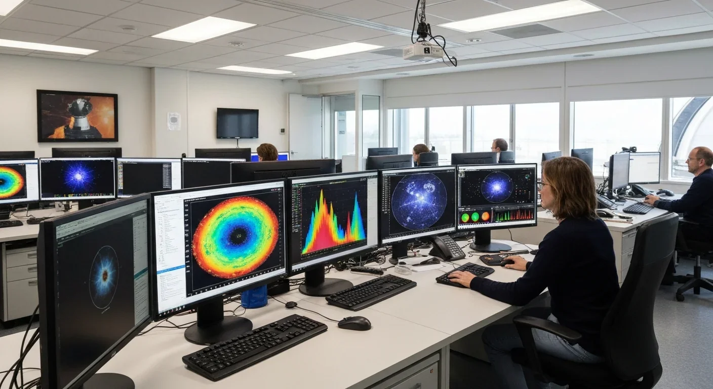 Astronomers analyzing spectroscopic data from brown dwarf observations in an observatory control room