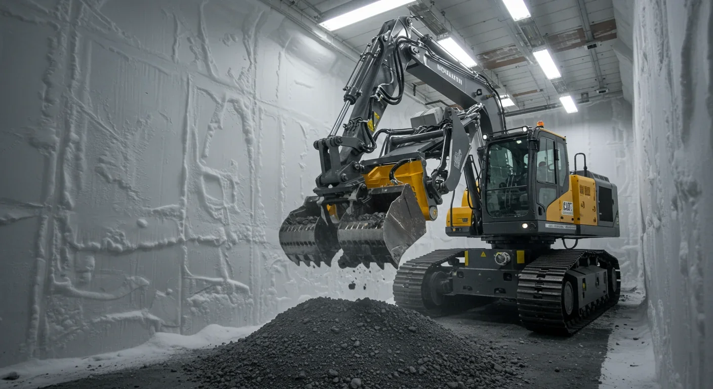 Robotic lunar excavator harvesting regolith simulant in thermal vacuum test chamber