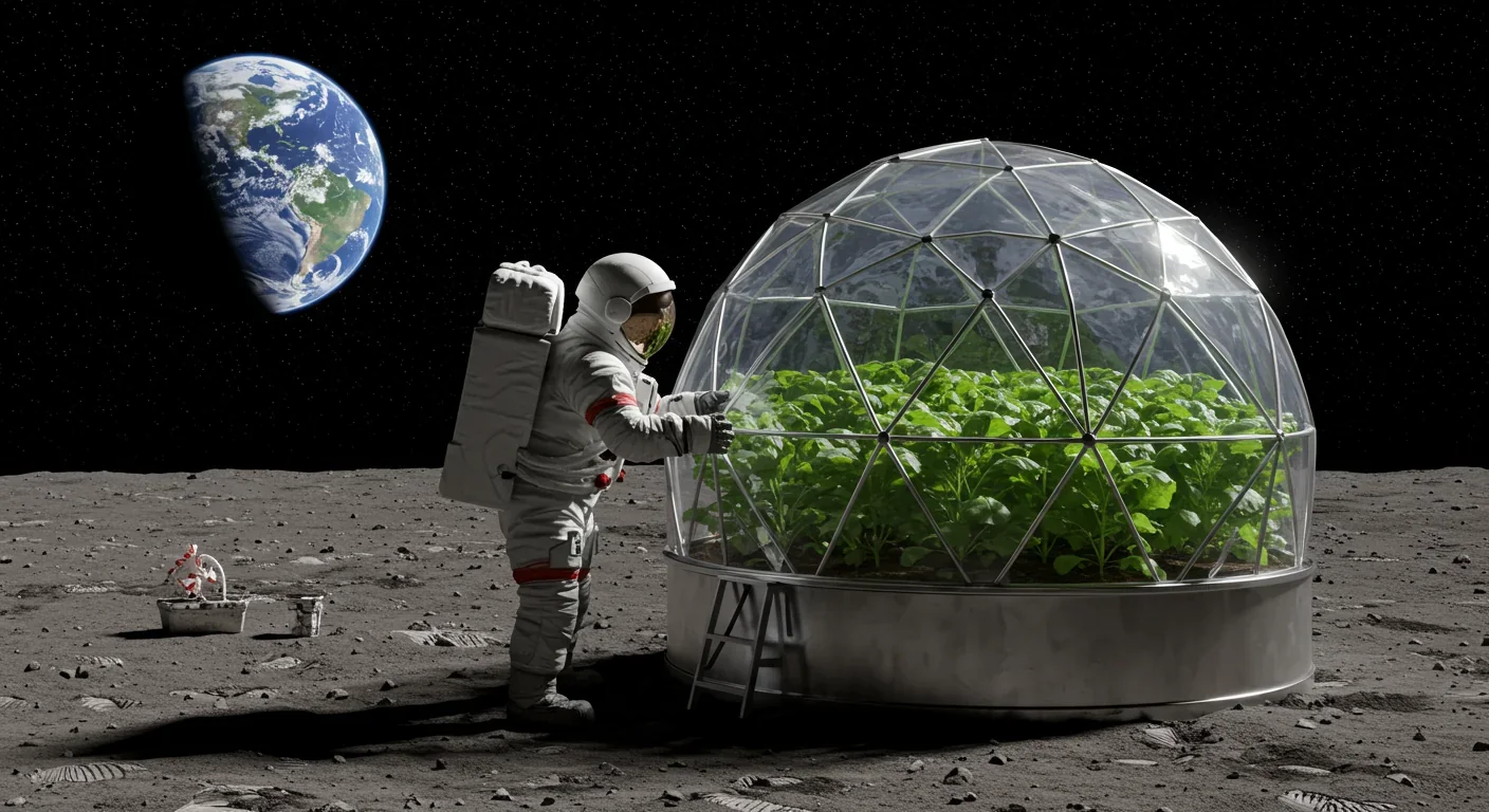 Astronaut cultivating plants in lunar greenhouse with Earth visible in background