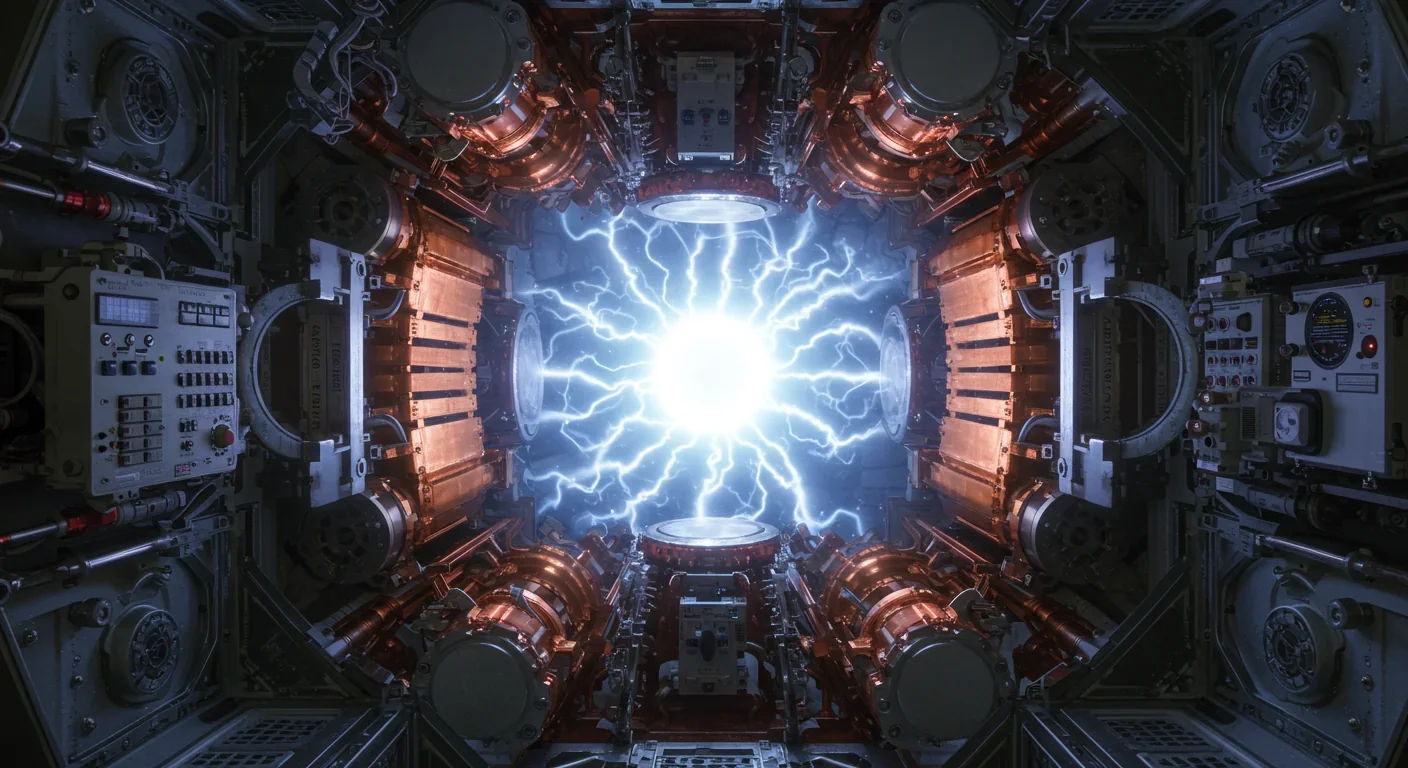 Fusion reactor core with plasma confinement showing the challenge of igniting hydrogen fusion in spacecraft