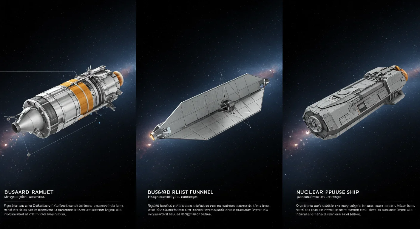 Side-by-side comparison of three interstellar propulsion concepts including the Bussard Ramjet