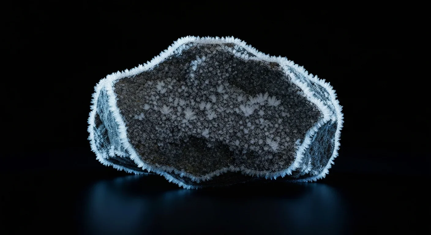 Frost-covered irregular dark rock resembling an icy body from the outer solar system