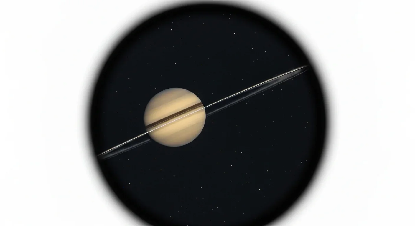 Thin bright ring system viewed edge-on through a telescope, illustrating ring structures around celestial bodies