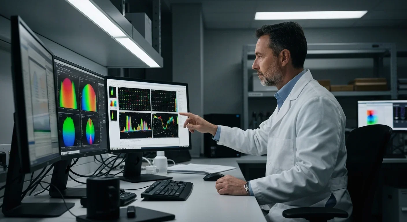 Scientist analyzing colorful spectral data on a monitor in a research laboratory