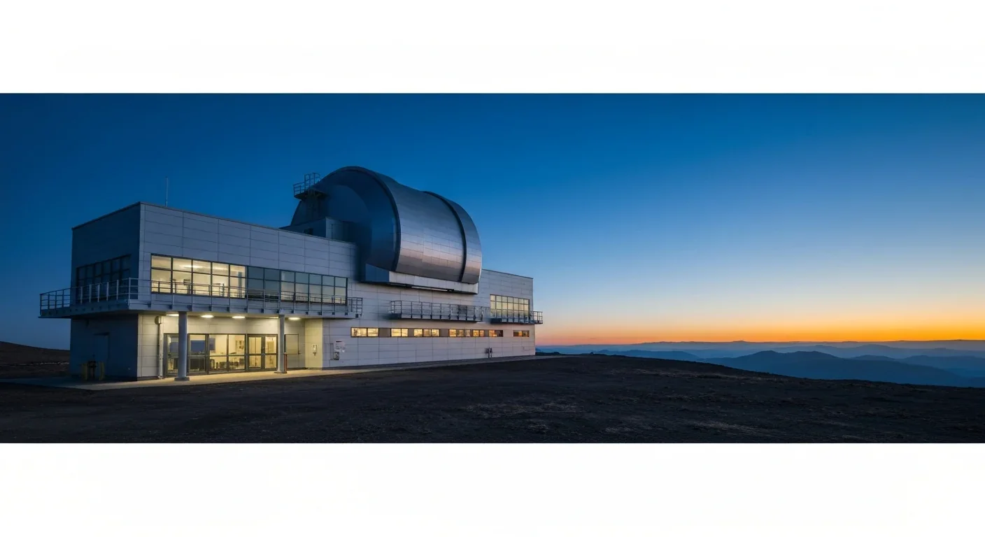 Modern telescope facility on a mountaintop at twilight, representing next-generation survey observatories
