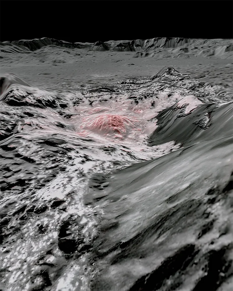 This false-color mosaic image highlights the recently exposed brine, or salty liquids (red), that were pushed up from a deep reservoir under Ceres’ crust.