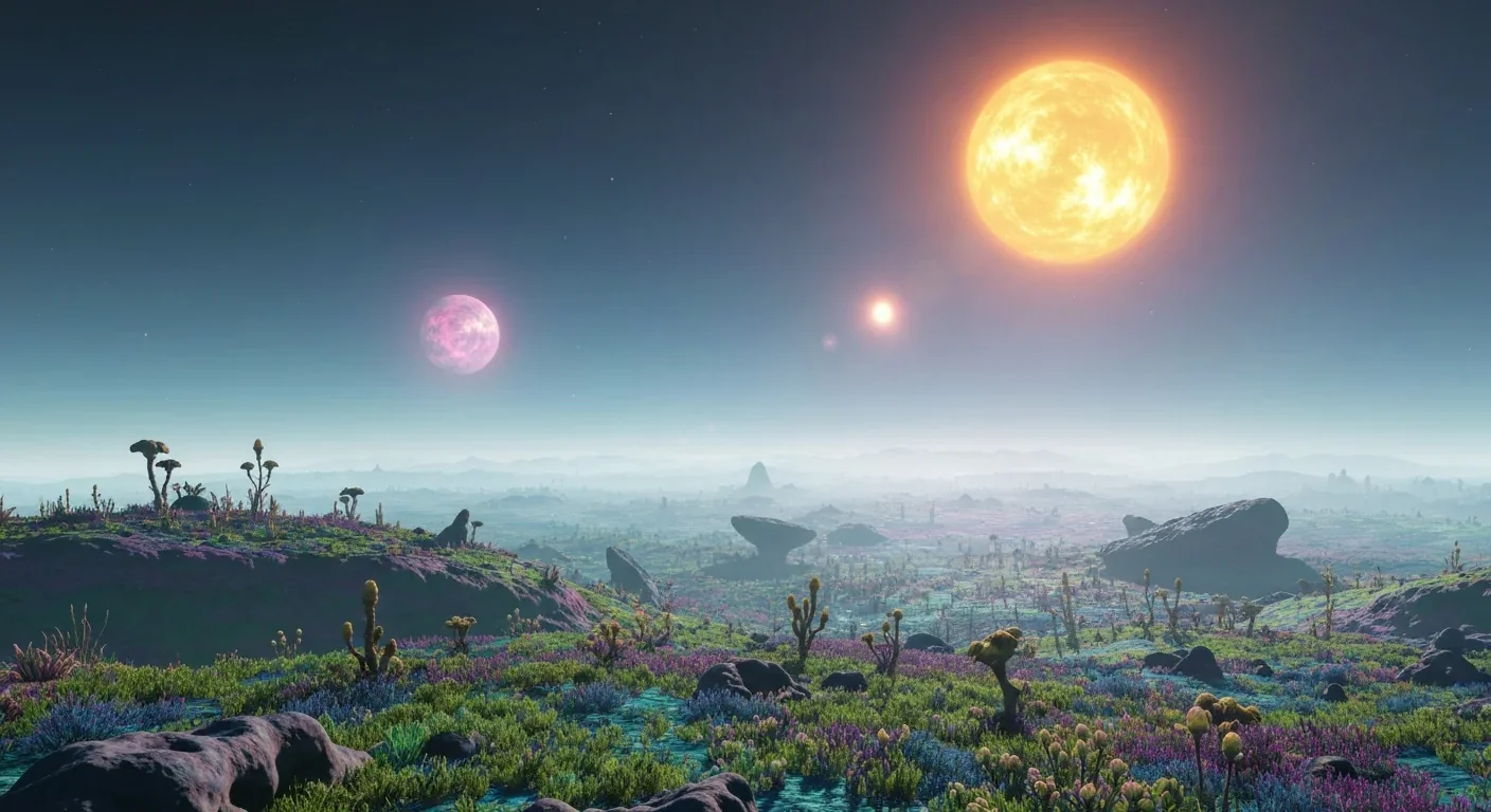 Alien landscape with two suns setting on horizon of circumbinary planet