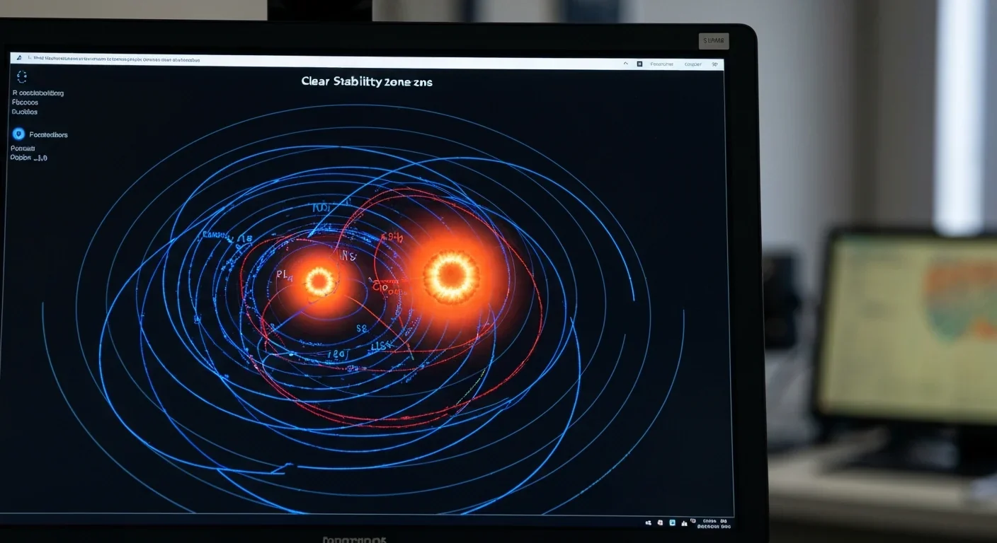 Diagram showing stable and unstable orbital zones in a circumbinary star system