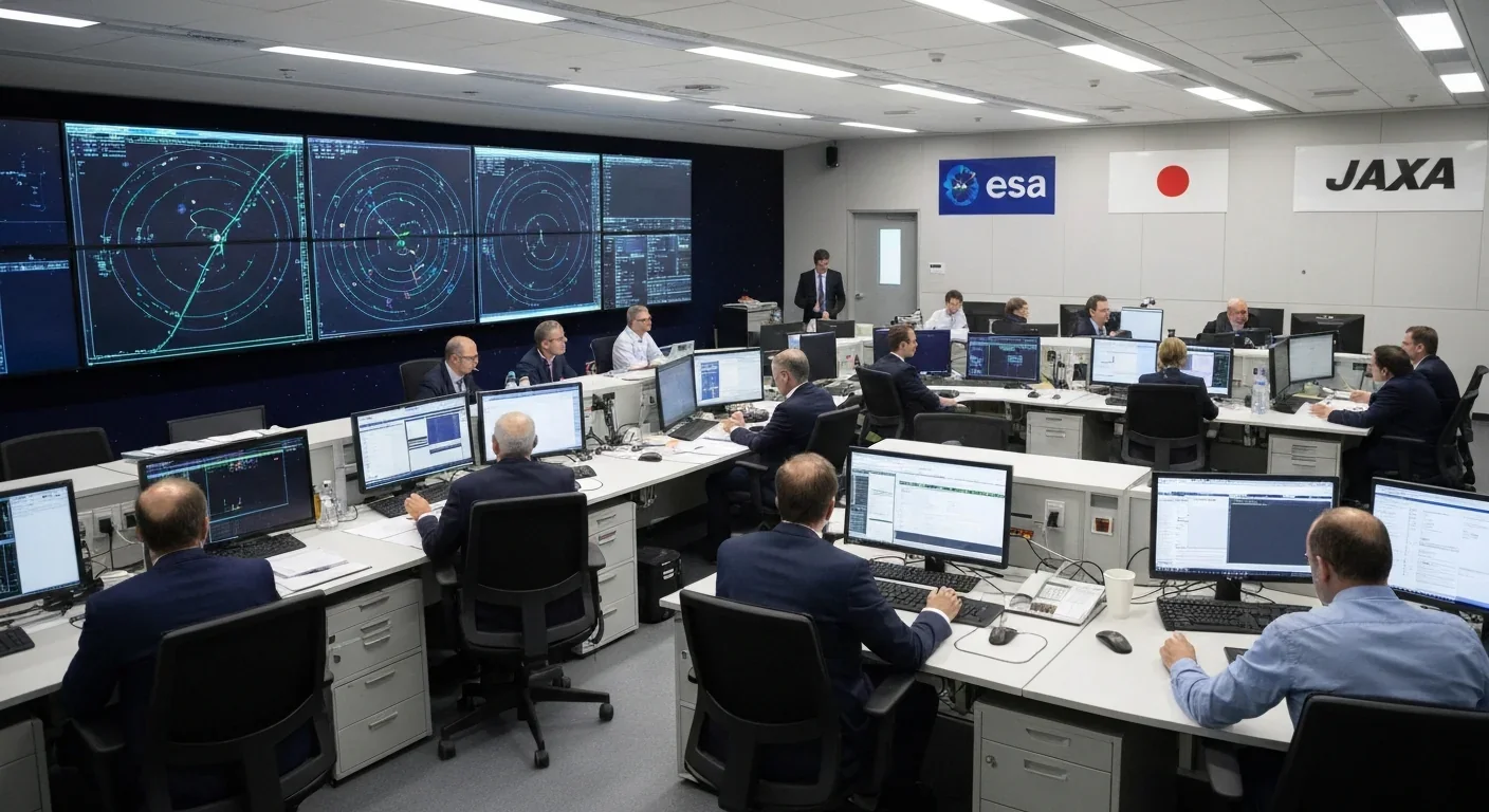 International mission control center showing ESA and JAXA collaboration on Comet Interceptor planning and operations