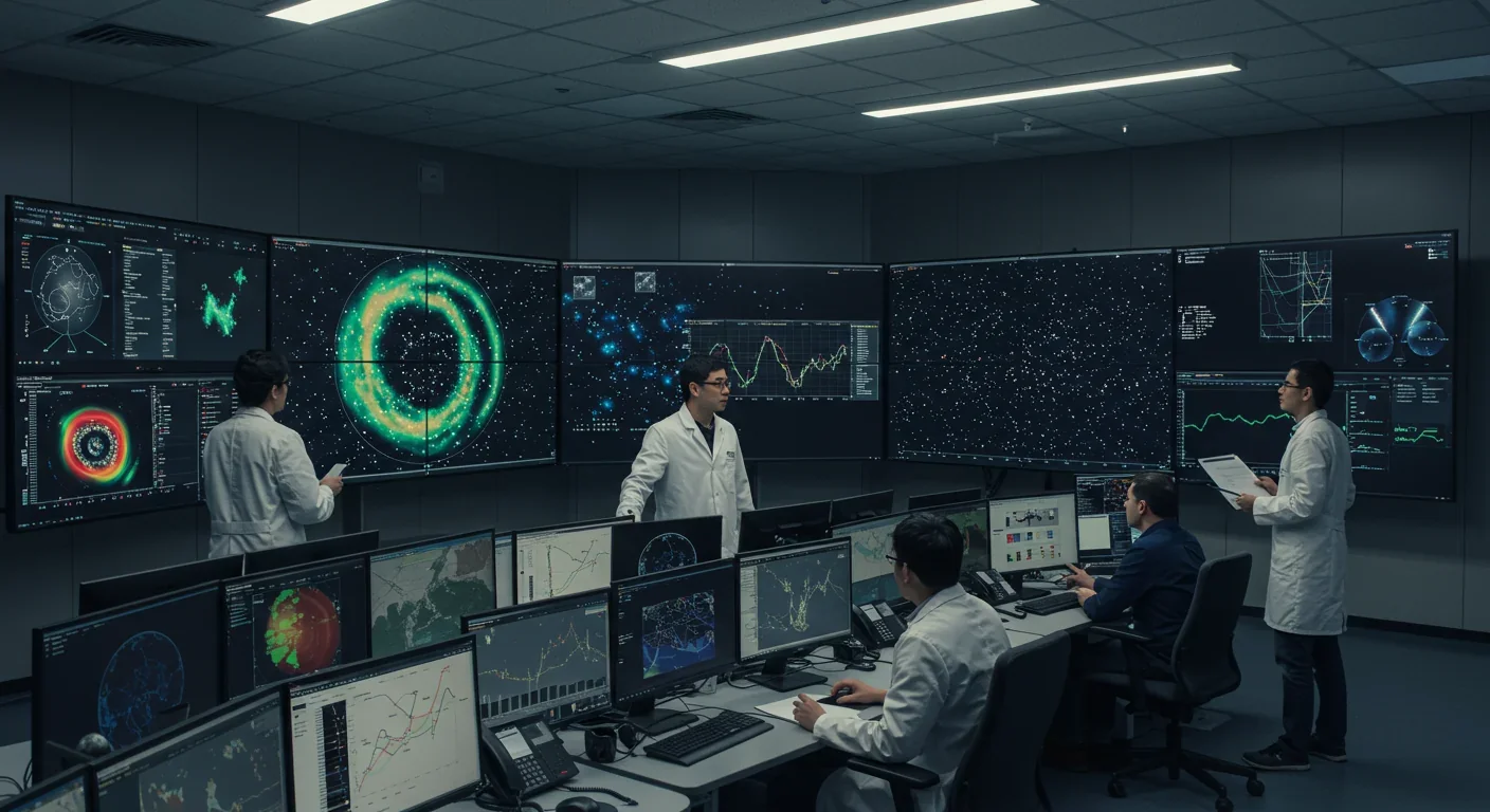 Cosmologists analyzing Planck satellite cosmic microwave background data on large screens searching for cosmic string temperature discontinuities