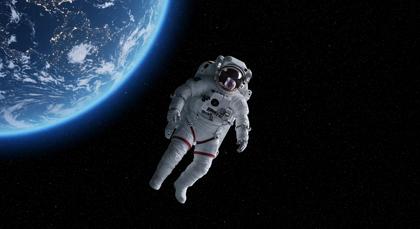Astronaut floating in deep space with Earth visible in the distance