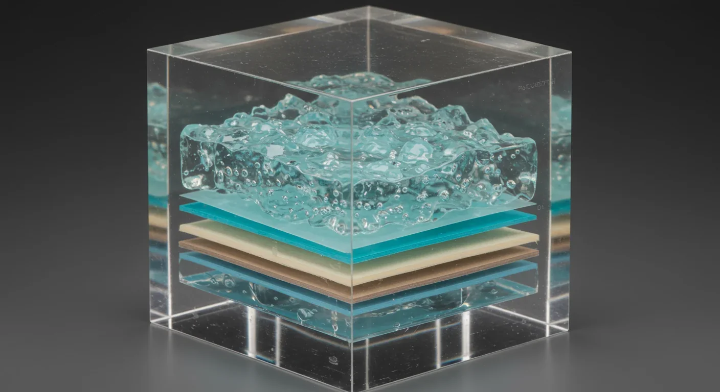 Layered radiation shielding material samples showing polyethylene and water gel cross-sections