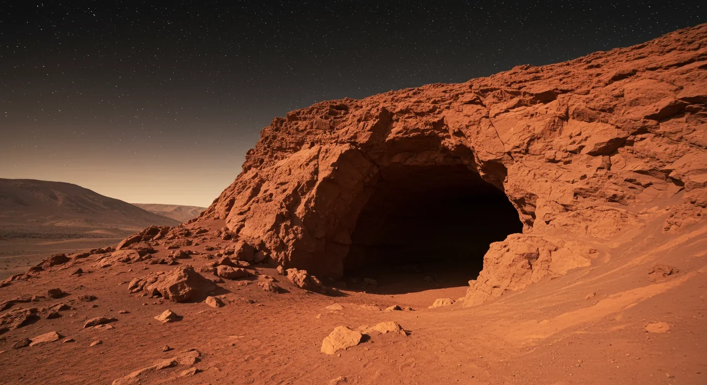 Mars lava tube entrance in red rocky terrain offering natural radiation shelter