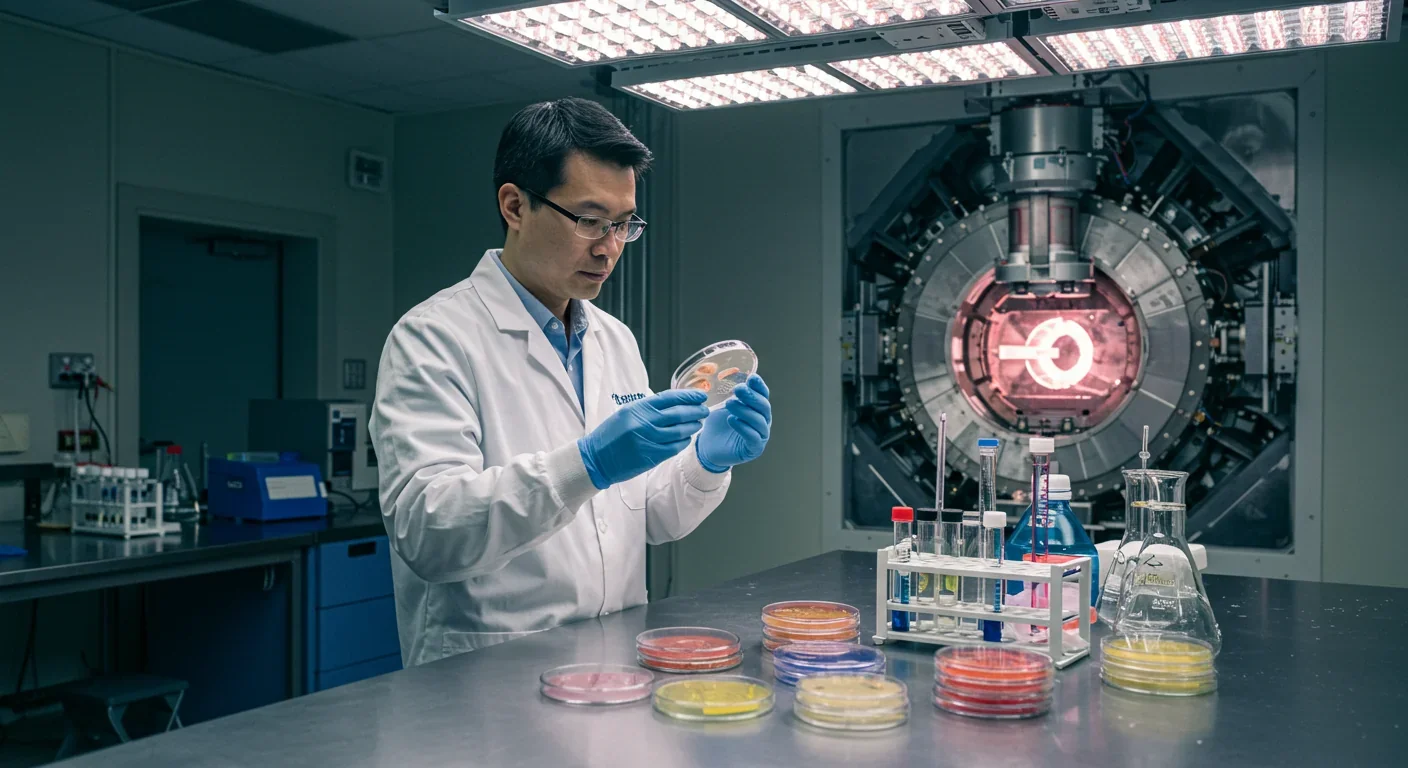 Scientist examining biological samples exposed to simulated galactic cosmic radiation