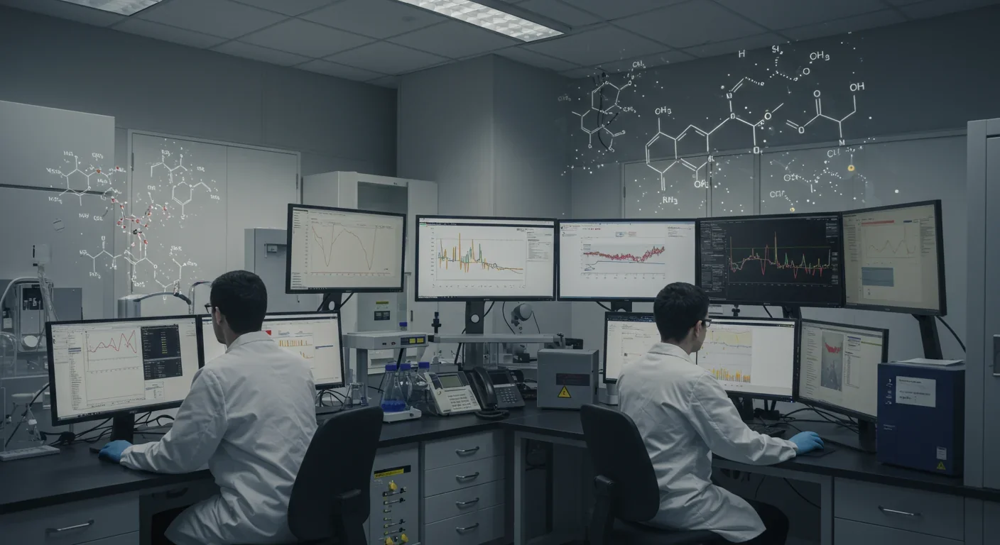 Scientists analyzing Cassini mass spectrometry data showing complex organic molecules from Enceladus plumes
