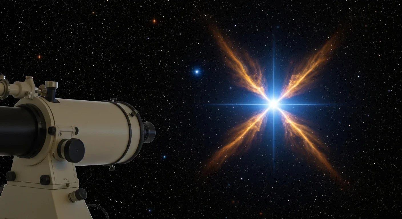 Brilliant massive star surrounded by glowing hourglass-shaped nebula of ejected gas and dust against deep space