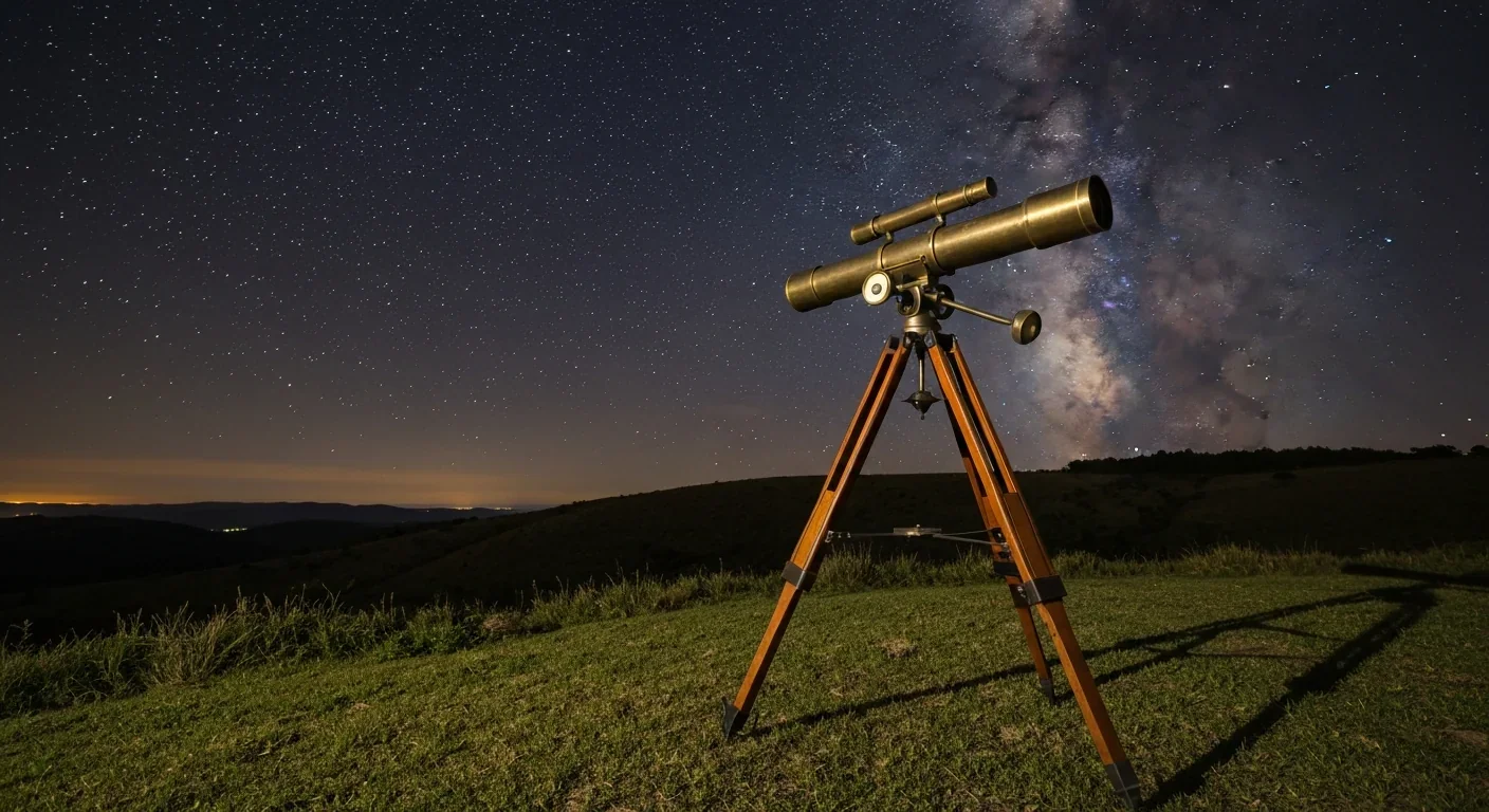 Vintage brass telescope under a star-filled Southern Hemisphere night sky with the Milky Way visible