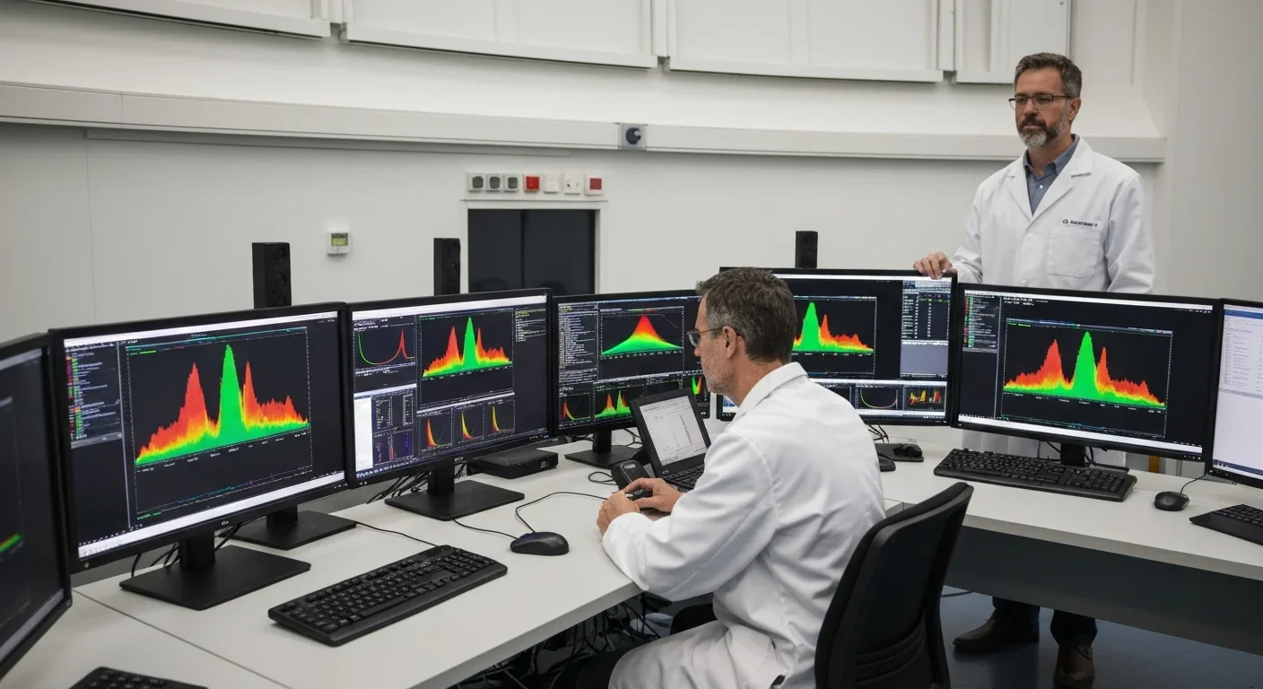 Two adult astronomers analyzing colorful spectral data on monitors in a modern observatory control room