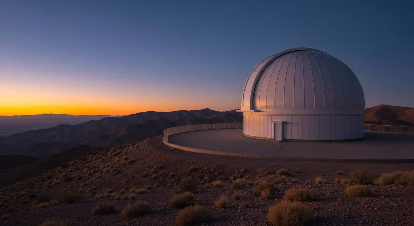 Large modern observatory dome on a mountain plateau at twilight with orange sunset on the horizon