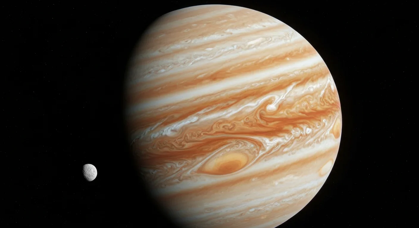Jupiter's massive cloud bands with its icy moon Europa visible in the foreground of space