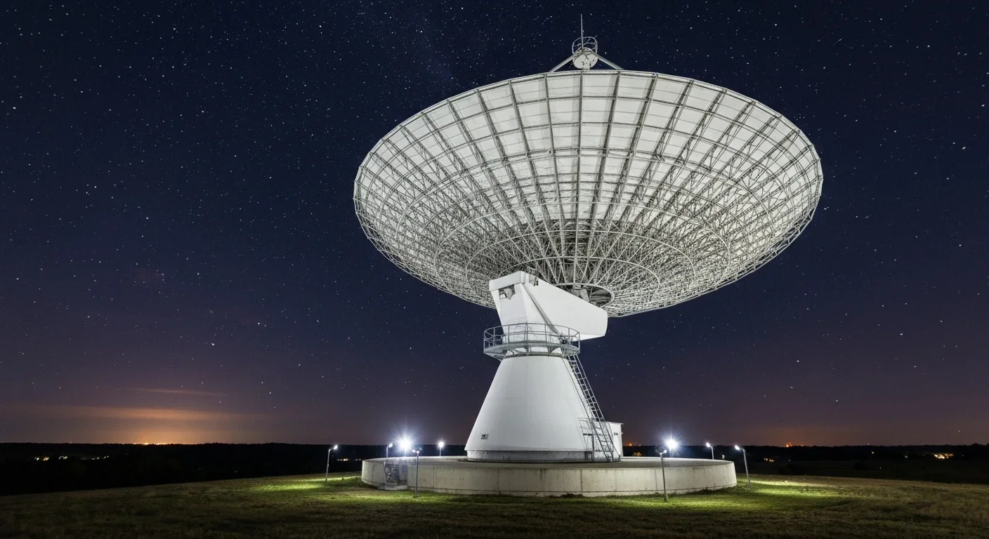 Large satellite dish antenna pointed at the night sky for deep space communication