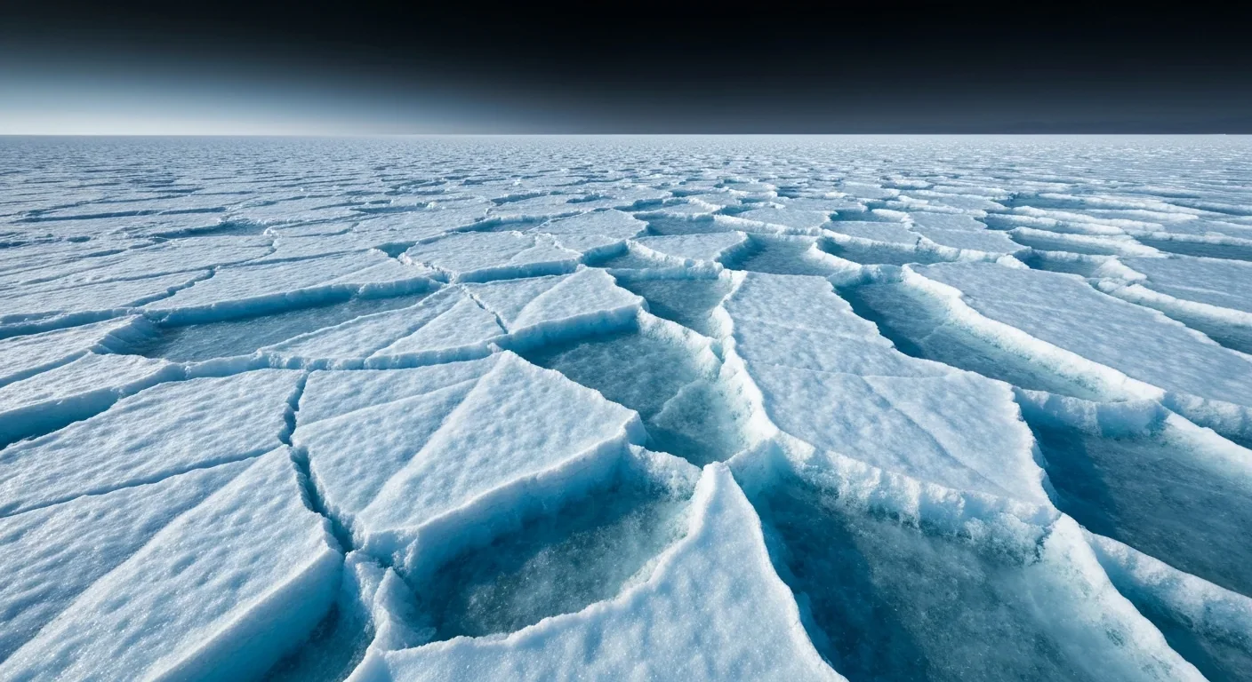 Cracked and ridged ice surface stretching to the horizon resembling Europa's frozen crust