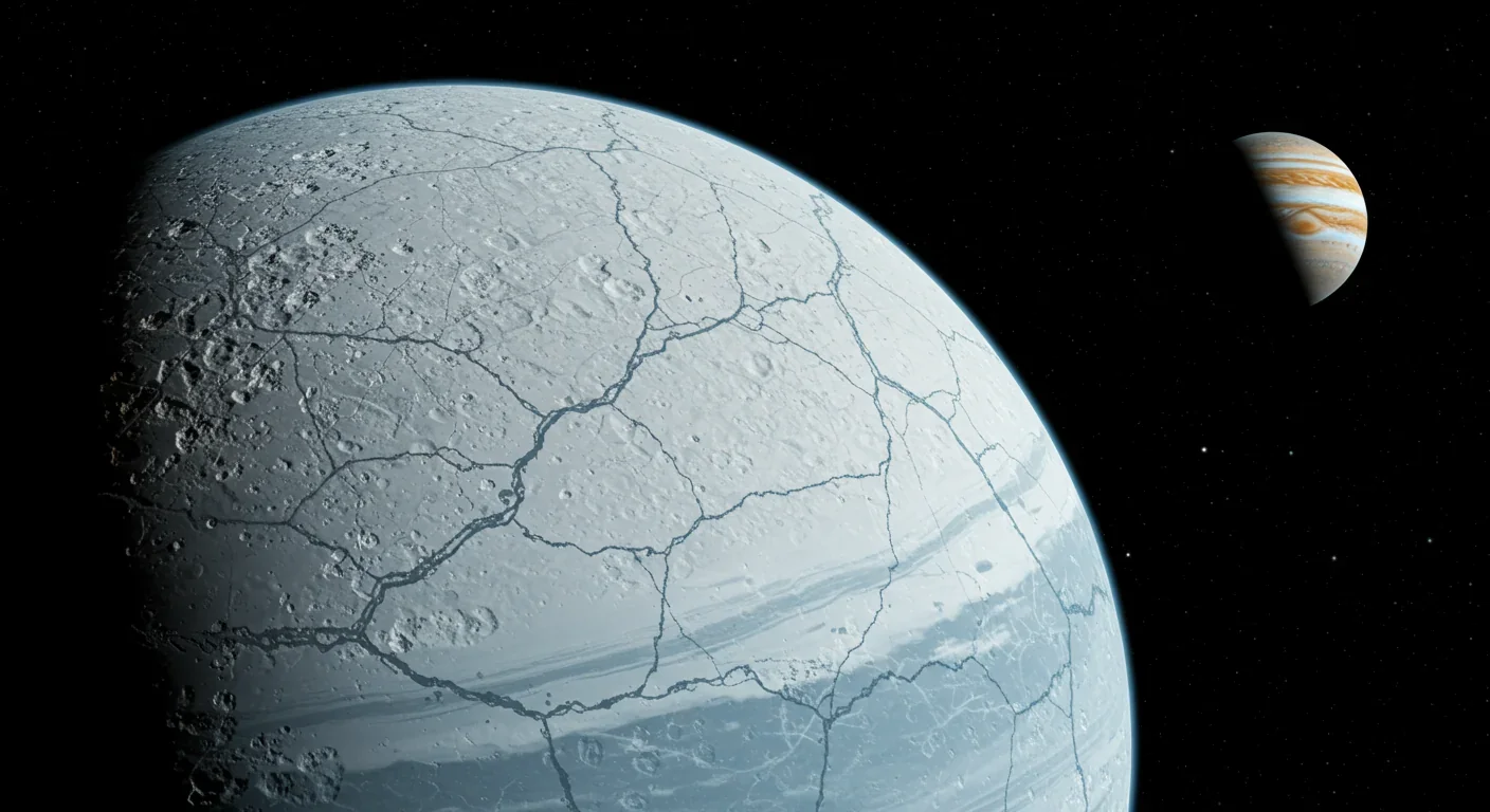 Europa's cracked ice shell with Jupiter in background