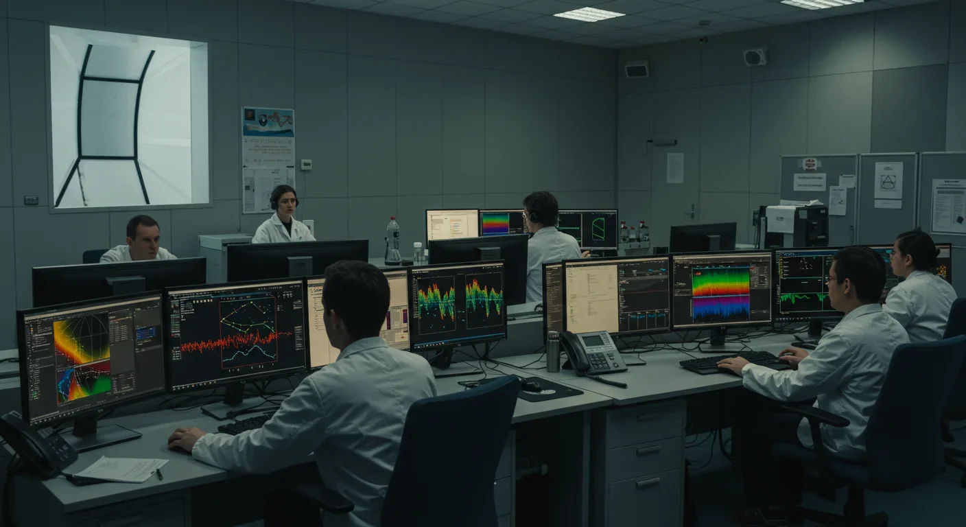 Researchers analyzing Fast Radio Burst data at observatory computers