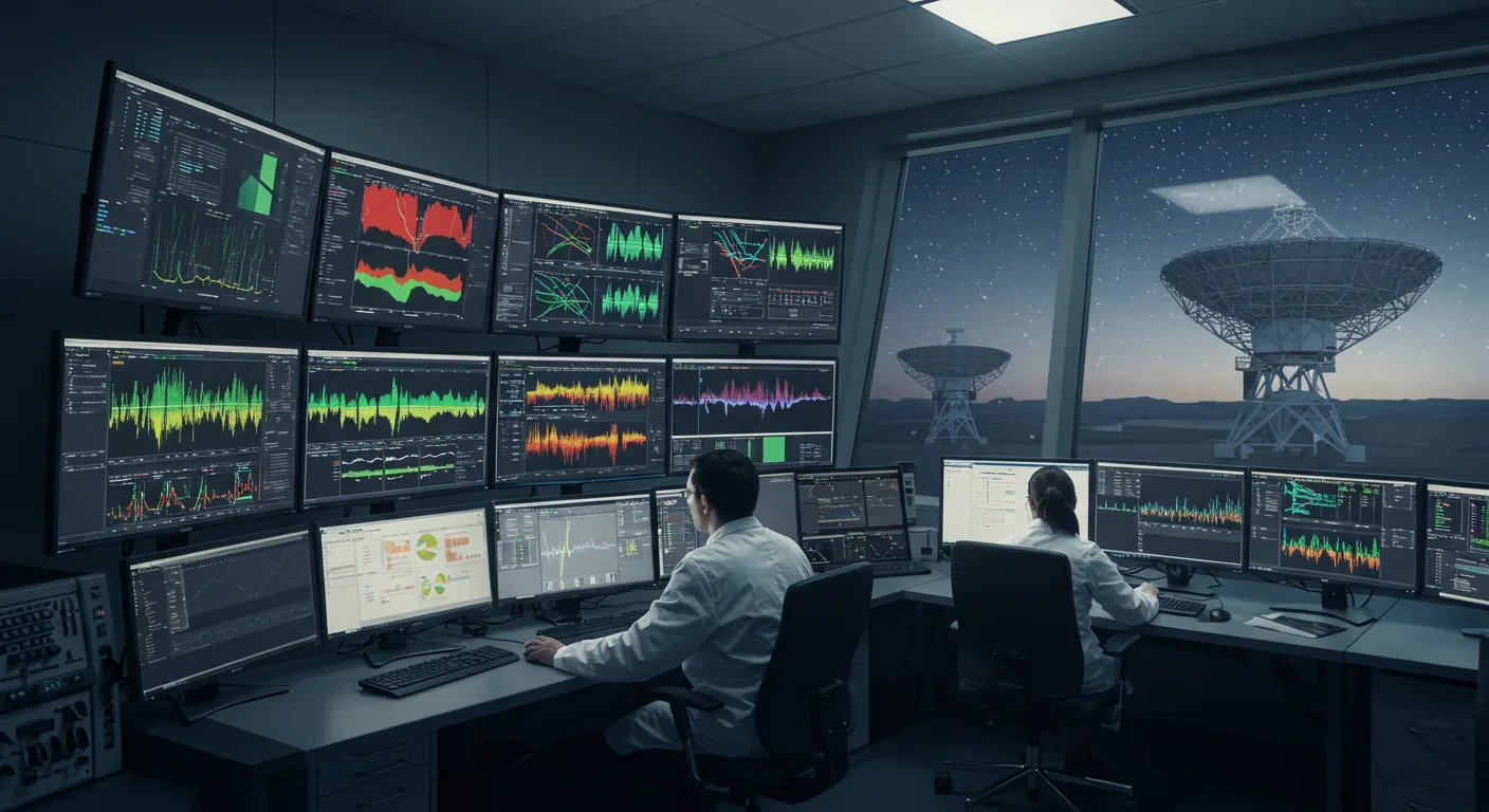Astronomer analyzing Fast Radio Burst data on multiple screens in observatory control room at night