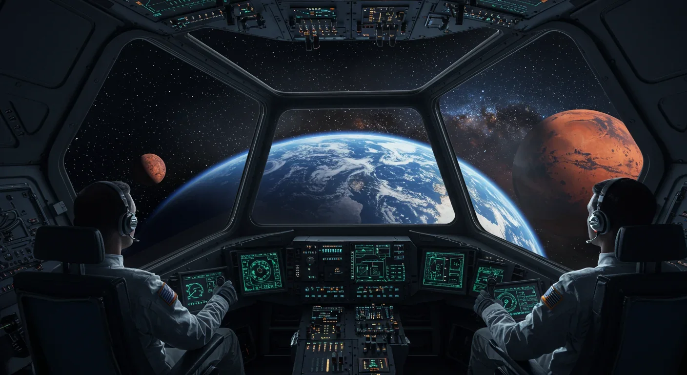 Astronauts in fusion-powered spacecraft cockpit with Earth receding and Mars ahead at 30,000 km/s