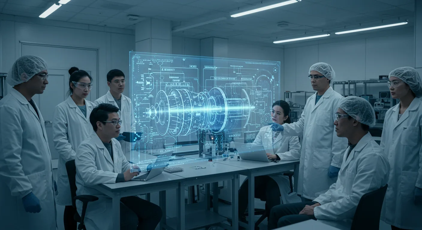 Diverse international team of scientists collaborating on fusion propulsion engine design in research lab